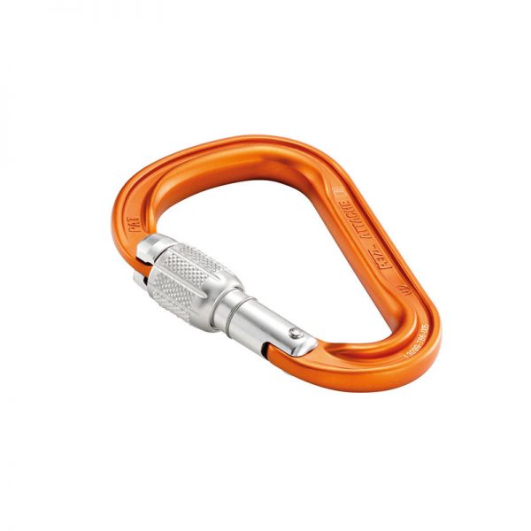 An orange carabiner on a white background.