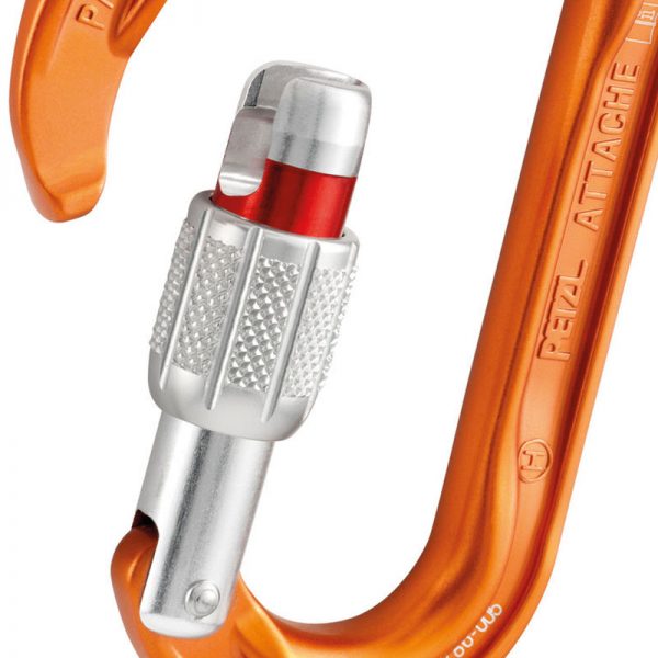 An orange carabiner with a red handle.