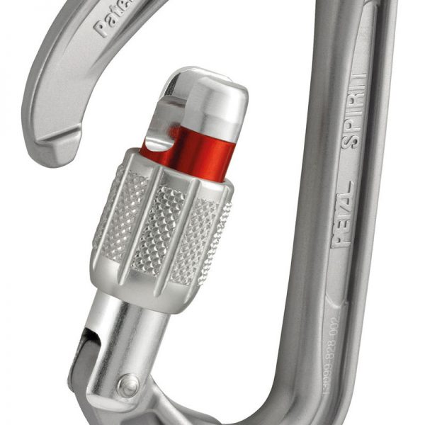 A silver carabiner with a red handle.