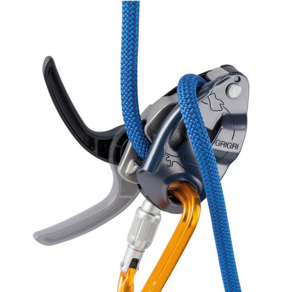A blue and orange carabiner with a rope attached to it.