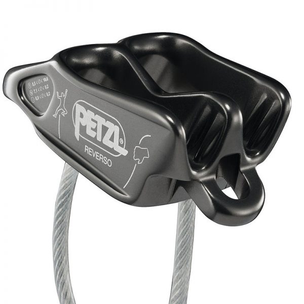 A black and white picture of a petzl climber's carabiner on a white background.