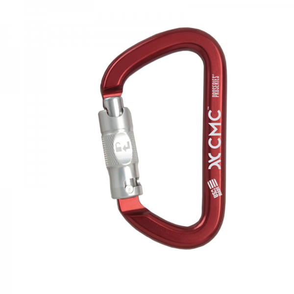 A red KIT, ROPE RESCUE TEAM MPD RIGGING carabiner on a white background.