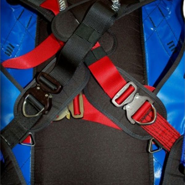 A blue and red harness with straps and buckles.