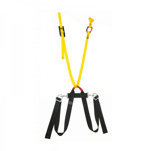 A yellow and black safety harness with a KIT, ROPE RESCUE TEAM MPD RIGGING strap.