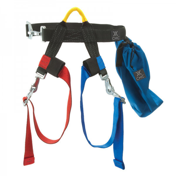 A blue, red, and yellow KIT, ROPE RESCUE TEAM MPD RIGGING with a bag attached to it.