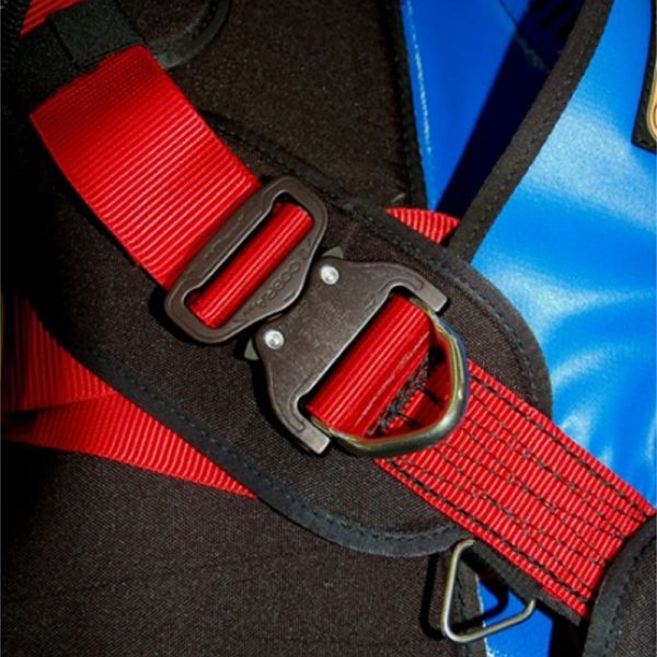 A close up of a blue and red harness with a buckle.