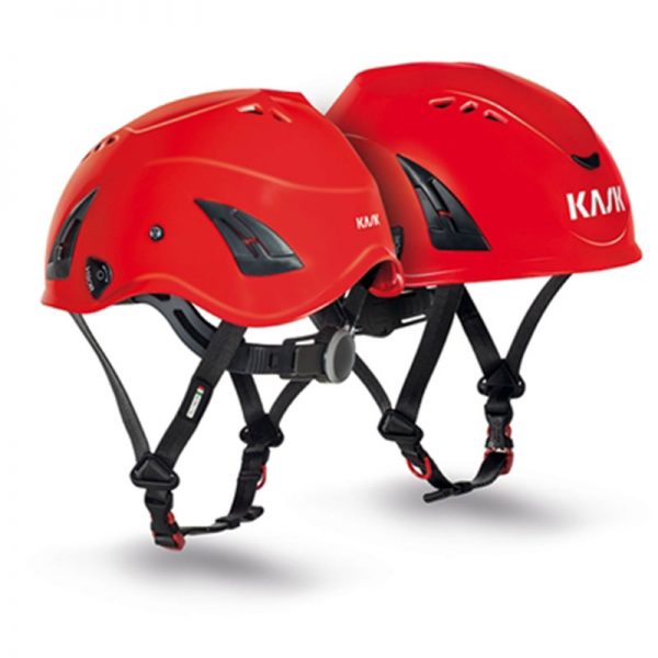 Two red helmets on a white background.