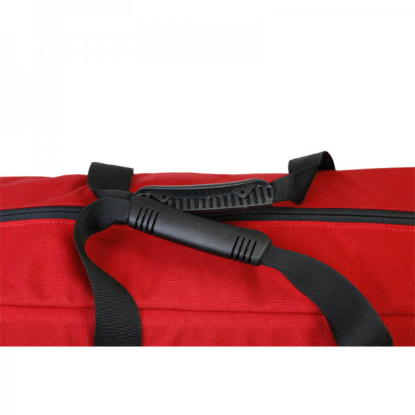 A TRUCK CACHE, RED, CMC duffel bag with black handles.