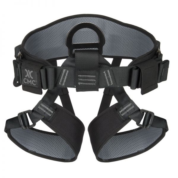 A black CMC climbing harness with two straps.