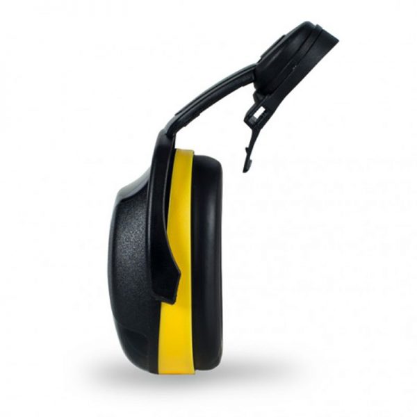 A yellow and black ear defender on a white background.