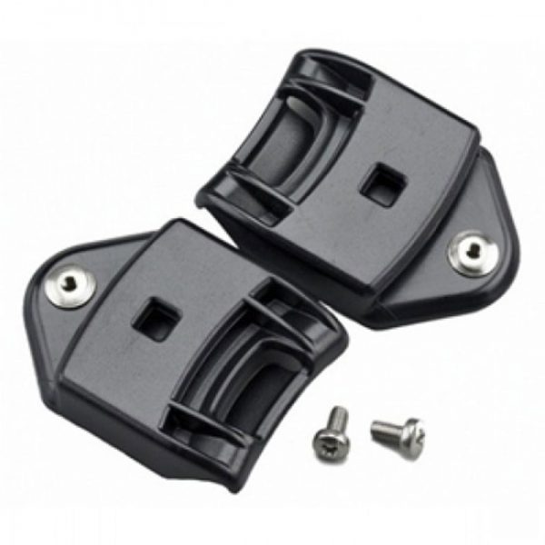 A pair of black plastic latches on a white background.