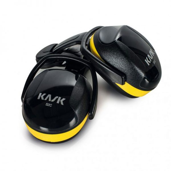 A pair of black and yellow ear defenders.