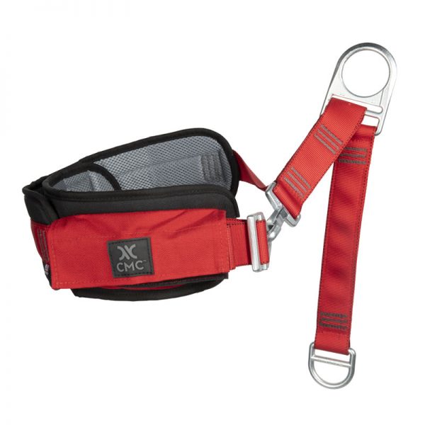 A red and black HARNESS, UTILITY, CMC with a buckle on it.