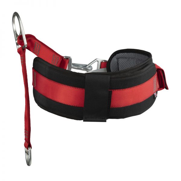 A red and black HARNESS, UTILITY, CMC with a metal buckle.