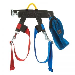 A blue, red, and yellow HARNESS, UTILITY, CMC with a bag attached to it.