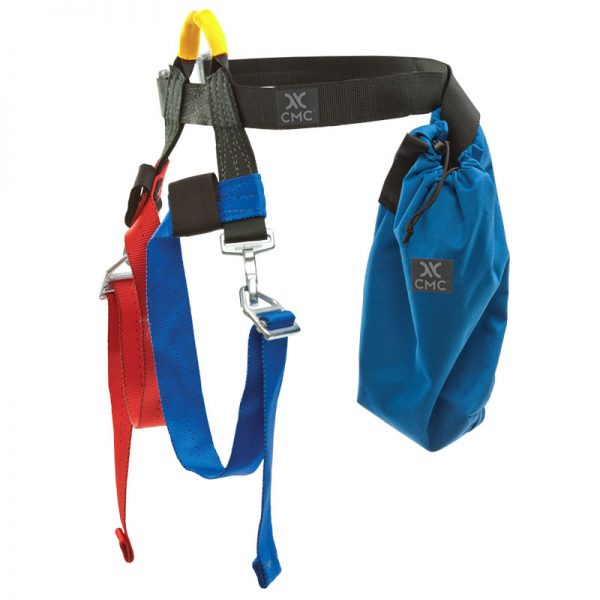 A blue and red CMC utility harness with a bag attached to it.
