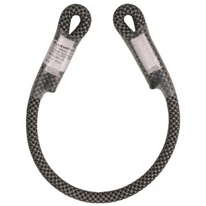 A black and grey Zipline Tether with a hook on it.