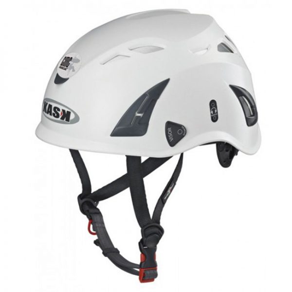 A white helmet with a black strap.