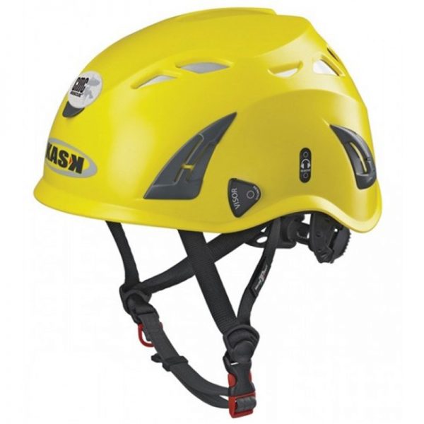 A yellow helmet with a black strap.