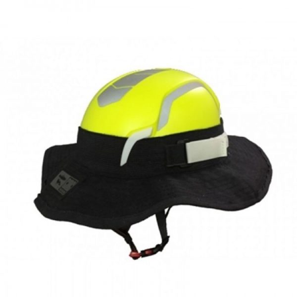 A black and yellow safety hat on a white background.