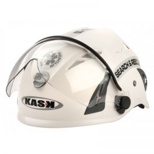 A white helmet with the word kasm on it.