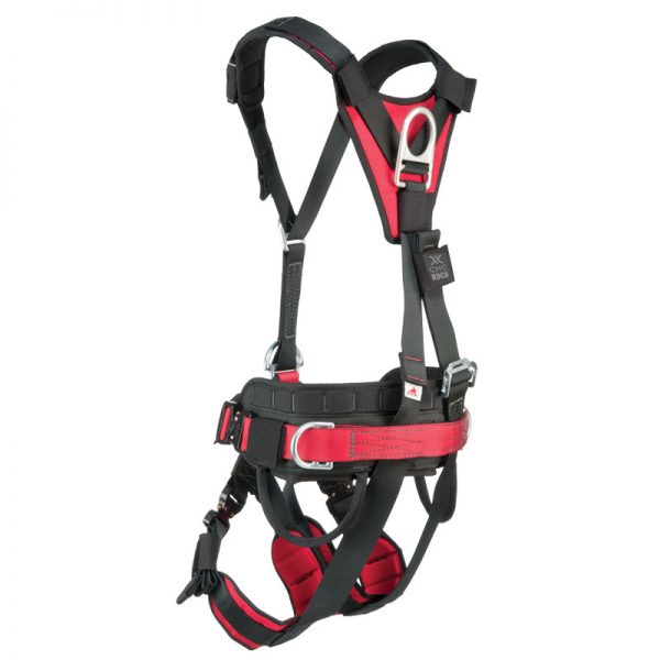 A black and red CMC utility harness on a white background.