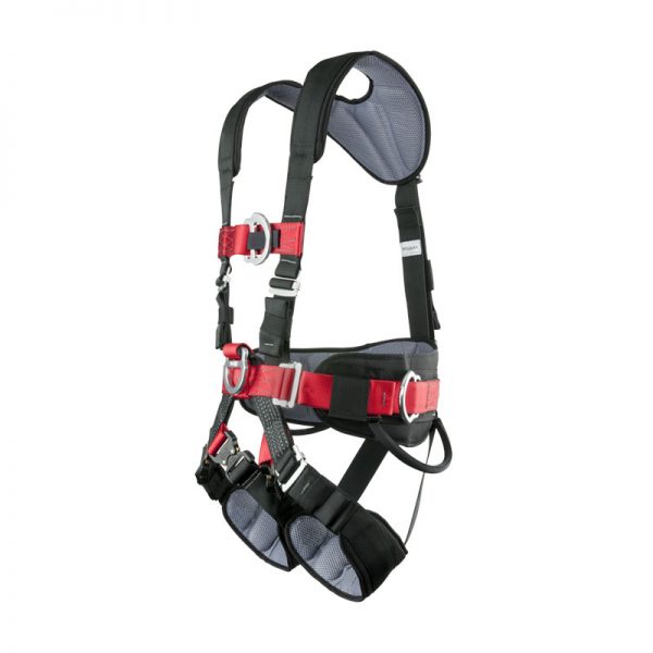 A red and black CMC utility harness on a white background.
