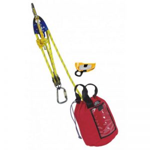 A safety harness with a red bag attached to it.