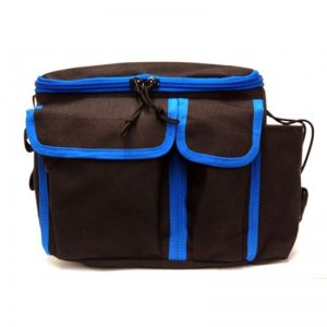 A black and blue cooler bag on a white background.
