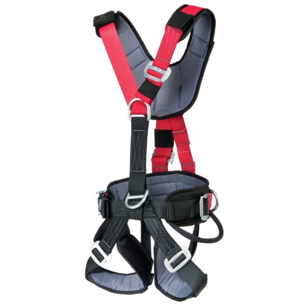 A red and black CMC climbing harness on a white background.