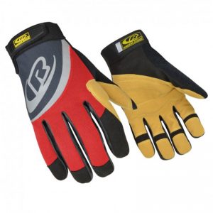 A pair of 9x0 RINGERS ROPE GLOVES with a red, yellow and black design.