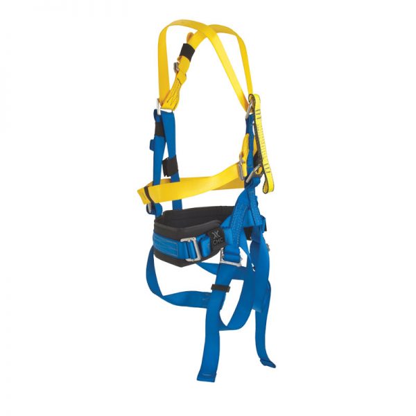 A blue and yellow CMC utility harness on a white background.