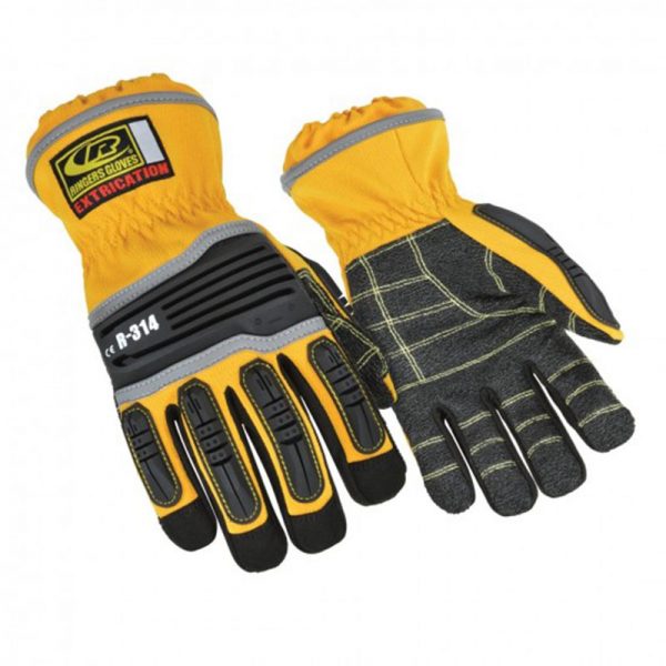 A pair of yellow and black work gloves.