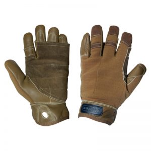 A pair of brown leather gloves on a white background.