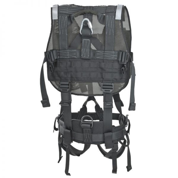 The back of a black HARNESS, UTILITY, CMC with straps and straps.