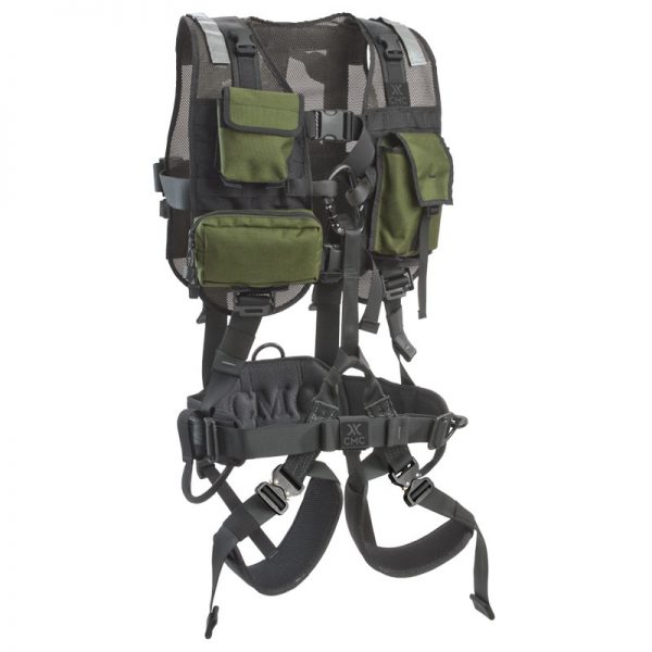 A green and black HARNESS, UTILITY, CMC with a number of compartments.