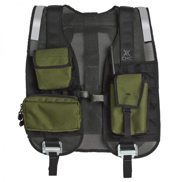 A green and black HARNESS, UTILITY, CMC with a number of pockets.