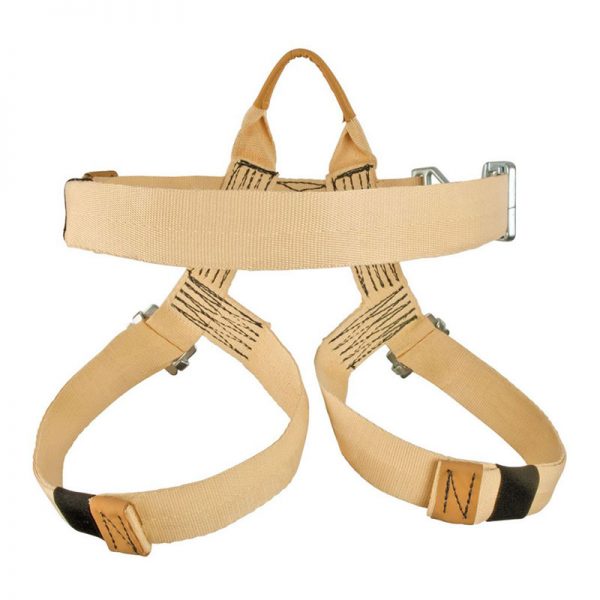A beige CMC climbing harness with two straps.