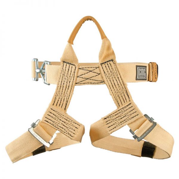 A beige climbing HARNESS, UTILITY, CMC with metal buckles.