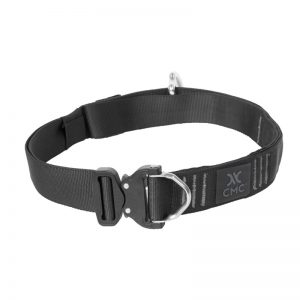 A black dog HARNESS with a metal buckle.