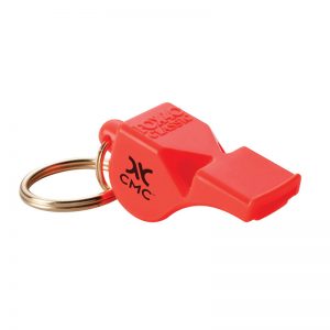 A red whistle on a key chain.