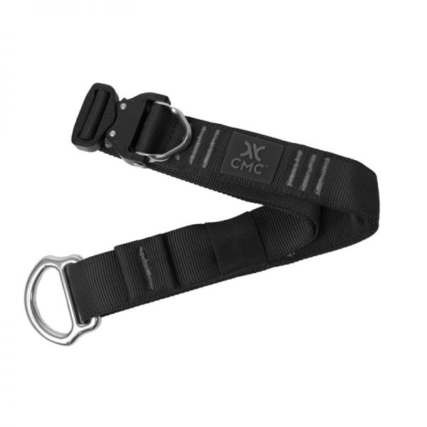 A black neoprene HARNESS, UTILITY, CMC with a metal buckle.