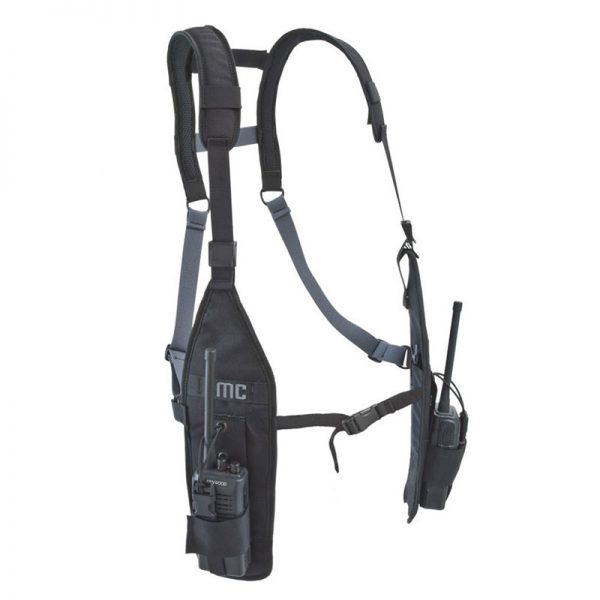 A black HARNESS, UTILITY, CMC with two radios attached to it.