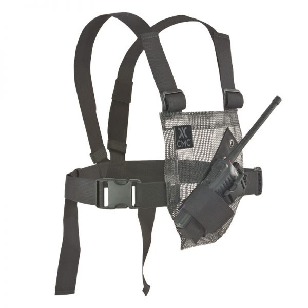 A black HARNESS, UTILITY, CMC with a radio attached to it.