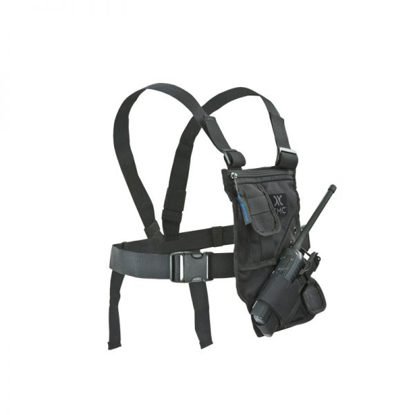 A black HARNESS, UTILITY, CMC with a radio attached to it.