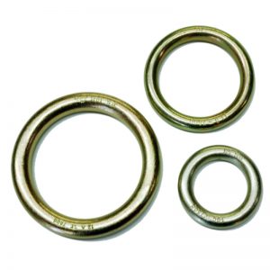 Three stainless steel o-rings on a white background.