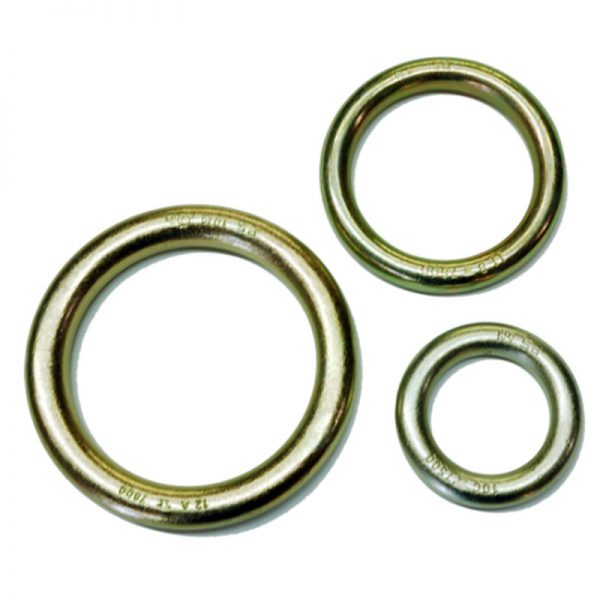 Three stainless steel o-rings on a white background.