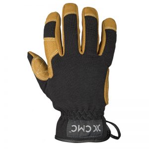 A black and tan glove with the word kcc on it.