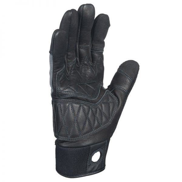 A pair of black leather gloves with a stitched cuff.