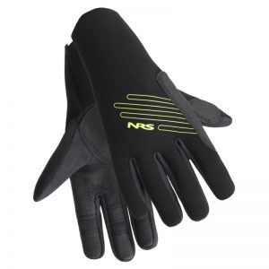 A pair of black neoprene gloves with a yellow logo.